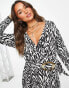 ASOS DESIGN textured long sleeve wrap mini dress with tortoise shell belt in mono zebra Mono-Zebra, US 4 - фото #6