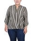 Plus Size 3/4 Sleeve Mandarin Collar Blouse with Front Pleats Dusty Olive Stripe, 1X - фото #1