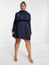 ASOS DESIGN Curve satin drape neck mini dress with pleat detail and open back in navy