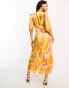 Фото #2 товара Vila Petite textured satin wrap midi dress in orange abstract print