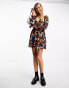 Monki long sleeve v neck mini dress in orange floral print