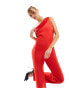 Фото #2 товара Vesper satin trim one shoulder wide leg jumpsuit in red