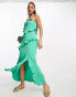 New Look side split satin ruffle midi dress in green