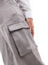 Pieces metallic satin wide leg cargo trousers in grey