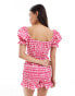 ASOS DESIGN elasticated channel lace trim bow playsuit in pink gingham