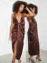 ASOS EDITION satin cami midi dress with drape wrap skirt in chocolate brown