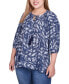 Plus Size 3/4 Sleeve Peasant Top with Tie Neckline