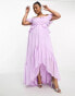 ASOS DESIGN Curve ruffle cut out off the shoulder maxi dress with hi low hem in lilac