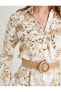 Midi Çiçekli Gömlek Elbise Uzun Kollu Düğmeli Kemerli