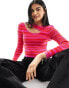 Фото #2 товара ONLY long sleeve knitted top with splice detail in pink and red stripe