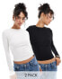 Miss Selfridge 2 pack long sleeve rib crew neck top in white and black