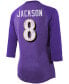 ფოტო #2 პროდუქტის Women's Lamar Jackson Purple Baltimore Ravens Team Player Name Number Tri-Blend Raglan 3/4 Sleeve T-shirt