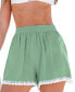 Women's Green Elastic Waist Crochet Hem Wide Leg Shorts