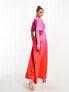 Flounce London flutter sleeve wrap front maxi dress in ombre pink and red