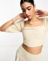 Фото #6 товара Pretty Lavish ruched puff sleeve crop top co-ord in stone