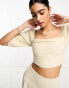 Pretty Lavish ruched puff sleeve crop top co-ord in stone