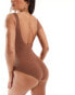 Фото #3 товара In The Style crinkle scoop neck ring belted swimsuit in brown