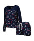 ფოტო #2 პროდუქტის Women's Navy Atlanta Braves Breakthrough Allover Print Long Sleeve V-Neck T-shirt and Shorts Sleep Set