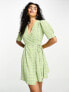 Glamorous short sleeve wrap mini tea dress in green ditsy