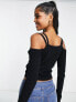 Miss Selfridge button through cold shoulder rib top in black