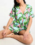 ASOS DESIGN satin parrot collarless shirt & short pyjama set in blue