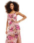 ASOS DESIGN cowl neck chiffon bias maxi dress with lace insert in rose floral print