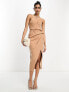 ASOS DESIGN cupped bandeau manipulated pleat midi pencil dress in caramel