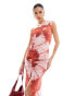 ASOS DESIGN one shoulder drawstring maxi dress in red and pink abstract print