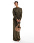 TFNC long sleeve satin cowl back maxi dress in olive