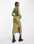 COLLUSION rib roll neck long sleeve midi dress in green