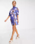 Фото #6 товара ASOS DESIGN satin mini mixed floral dress with waist detail and frill sleeves in blue