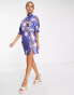 ASOS DESIGN satin mini mixed floral dress with waist detail and frill sleeves in blue