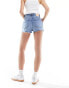 Pull&Bear high waisted ripped Mom denim shorts in mid blue