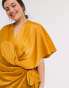 ASOS DESIGN Curve wrap kimono mini dress with tie waist in ochre