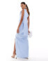 Vesper one shoulder drape detail thigh split maxi dress in baby blue