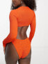 ASOS DESIGN mix and match crinkle long sleeve bikini top with keyhole tie back in deep orange