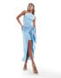 In The Style satin one shoulder wrap front tie detail midi dress in blue