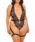 ფოტო #1 პროდუქტის Plus Size V-Neckline High Leg Teddy with Halterneck and Adjustable Garter Stays, 2pc Lingerie Set