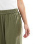 Pieces Petite linen touch wide leg trousers in khaki