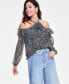 Фото #4 товара Women's Printed Rosette Cold-Shoulder Top, Created for Macy's