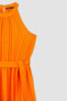 Halter Yaka Kuşaklı Keten Görünümlü Yazlık Midi Elbise U7045az22sm