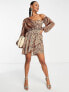 Ei8th Hour printed satin ruched mini dress in chocolate zebra print