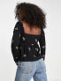 ASOS DESIGN square neck top with red floral embroidery in black