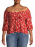 No Boundaries Peplum Top Women's 2X Red Floral Pleated Cotton Off the Shoulder