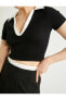 Polo Yaka Crop Tişört Renk Kontrastlı Kısa Kollu Slim Fit
