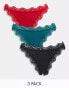 ASOS DESIGN Curve 3 pack rib & lace thong in forest green, red & black