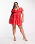 Фото #6 товара ASOS DESIGN Curve v front ruffle mini dress with flutter sleeve and tie belt in red