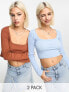 Daisy Street basics 2 pack wide scoop neck crop top in soft blue and chocolate