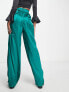 Flounce London Tall satin pleated wide leg trousers in emerald