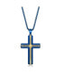 Mens Stainless Steel Blue & Gold Plated Lined Single CZ Cross Necklace